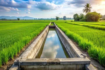 Fototapeta premium A stock photo depicting concrete water irrigation at a rice paddy field, farming technology, rice, agricultural landscape, agricultural practices, agriculture