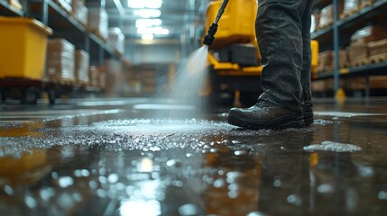 Close-up of a worker cleaning a gritty warehouse floor with a high-pressure washer, water forcefully removing dirt, and creating reflective puddles