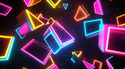 Obraz premium A 3D render of geometric shapes hovering in space, illuminated by neon hues on a dark backdrop