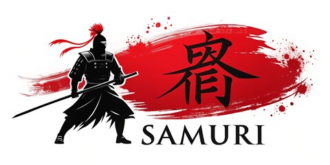 A serene samurai warrior's silhouette stands strong, surrounded by elegant Japanese calligraphy brush strokes, evoking