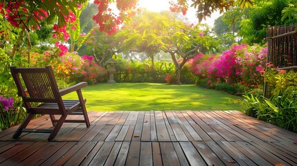 Obraz premium Wooden chairs on the plank terrace in the luxury colorful backyard garden with green lawn vareity color of flowers and red wood fence with morning sunlight