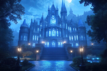 Obraz premium An enchanted Gothic castle glows under the moonlight, its tall spires and grand staircase creating a magical atmosphere. The illuminated windows and surrounding mist evoke a sense of mystery 
