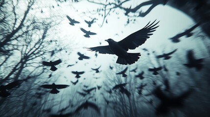 Fototapeta premium A mystical scene of a large black bird soaring through a misty forest , bird, wildlife, nature, black, dark, forest, mist