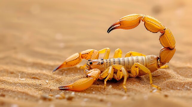 Yellow deathstalker scorpion close up scorpion with a curled tail in the sand wild arachnid in the desert dangerous poisonous animal - Powered by Adobe