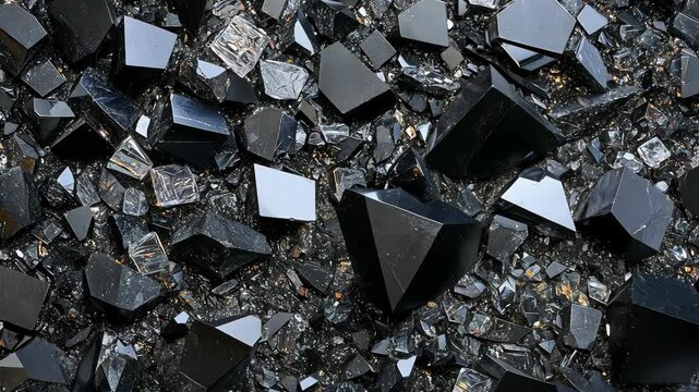 Exploring the beauty of black crystals in a close-up view with sparkling details and unique formations
