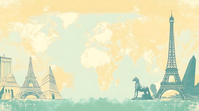 A Watercolor Illustration of Famous Landmarks Against a World Map Background