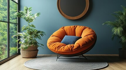 Orange Round Chair with Blue Cushion in a Room with Plants and a Window
