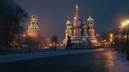 St. Basil's Cathedral in Moscow, Russia, illuminated at night on Red Square.