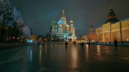 Obraz premium St. Basil's Cathedral in Moscow, Russia, illuminated at night on Red Square.