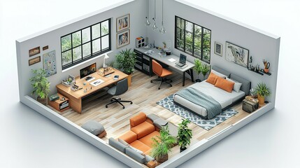 Modern Minimalist Studio Apartment with Desk and Bed