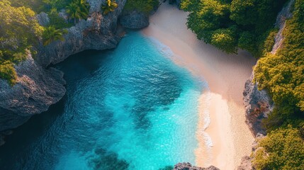 Aerial view of a beautiful tropical beach with clear turquoise water. On the right side, there is a jungle and cliffs, captured nature