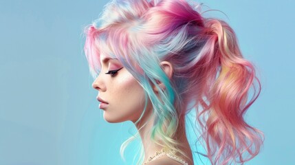 Naklejka premium portrait of a woman with colorful hair on light color background