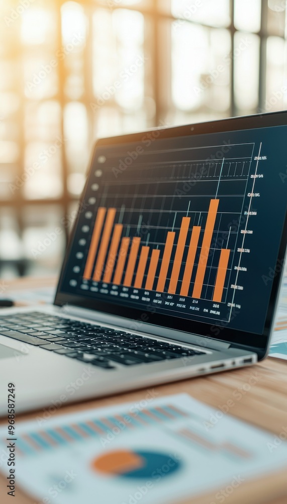Poster a modern laptop displaying a financial graph with vibrant bars, symbolizing data analysis and busine