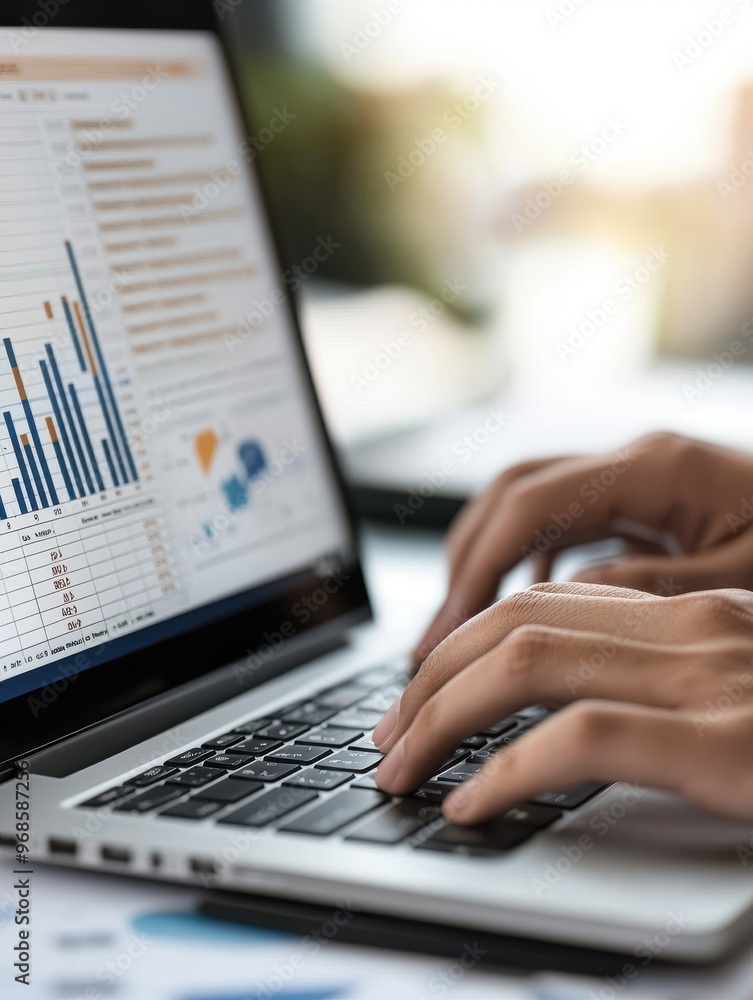 Poster a person typing on a laptop, analyzing business data with charts and graphs on the screen in a moder