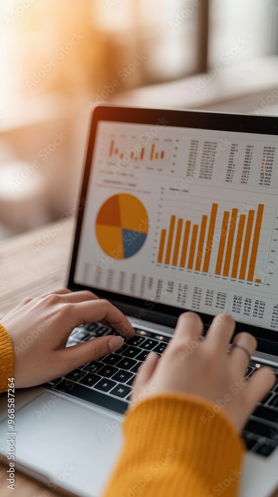 Poster a person analyzing data on a laptop, showcasing graphs and charts in a warm, inviting workspace. per