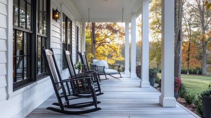 Large front porch with black rocking chairs and sofa swing, white paneling, and glass windows, offering a cozy open-air seating area in a country-style garden setting.