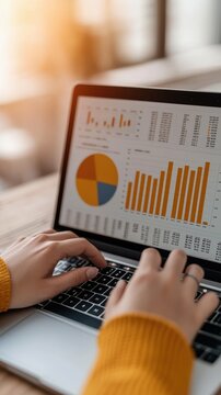 A person analyzing data on a laptop, showcasing graphs and charts in a warm, inviting workspace. Perfect for business imagery.