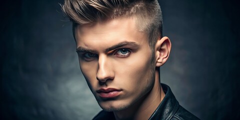 A stylishly groomed Caucasian young man presents himself with charisma, his boldly cut fade showcasing his angular face