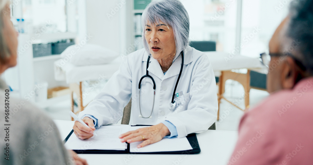 Poster Mature woman, doctor and writing with elderly couple for consultation, checkup or prescription at hospital. Female person, surgeon or medical employee taking notes with senior clients for healthcare