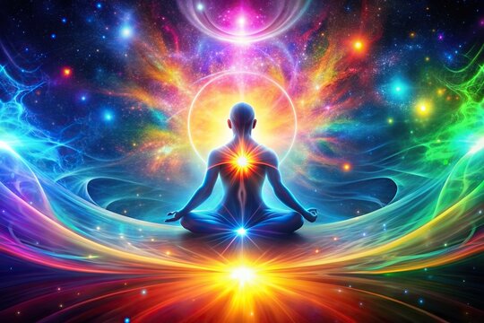 The stock photo shows a colorful cosmic background with vibrant light energy flowing through the universe representing the concept of the higher mind spirituality life force and prana