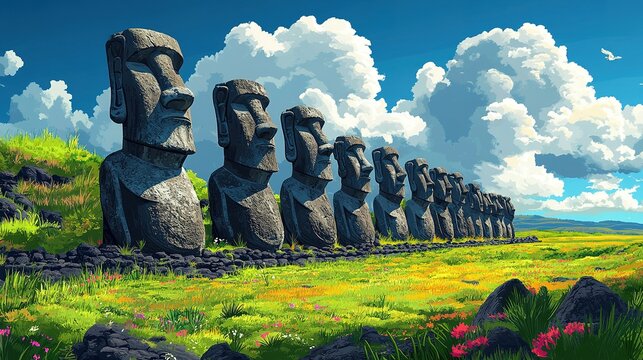 A Row of Moai Statues on Easter Island