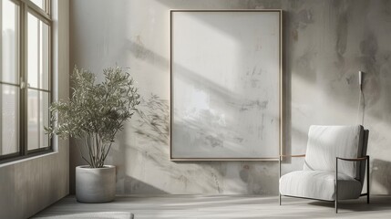Large white abstract art piece hanging on the wall of a minimalist office, next to a grey armchair, featuring neutral tones and clean lines with natural lighting.