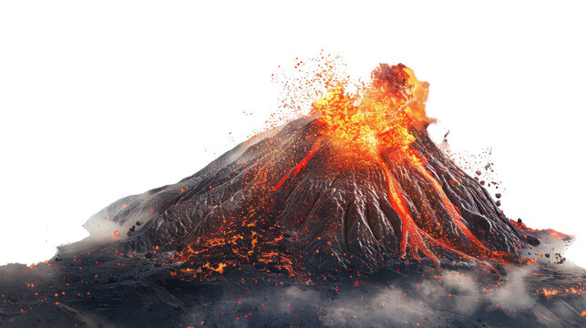 Erupting volcano spewing lava on transparent background