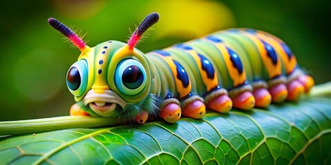 A vibrant caterpillar with a cheerful countenance and large, emotive eyes meanders along a lush green leaf, leaving