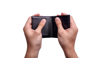 Empty black wallet in hands on transparent background