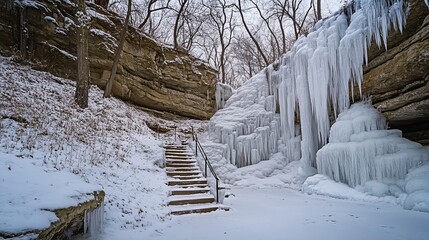 A frozen waterfall at Starved Rock State Park in Illinois, USA