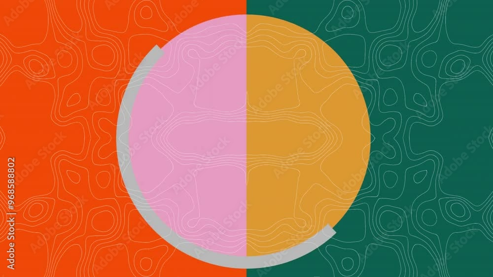 Poster animation of circles moving over shapes moving on green and red background
