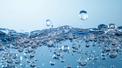 High-resolution image of bubbles in clean drinking water, set against a beautiful blue background.