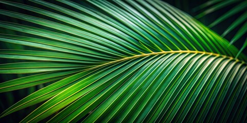 exotic, leaf, plant, natural, lush, color-toned, nature, background, dark, foliage, vivid, vibrant, Close up of a tropical coconut leaf vividly contrasted against a dark nature background