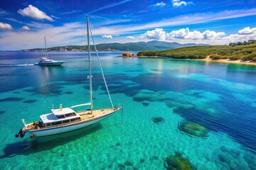 Obraz premium anchored, summer, picturesque,sailing yacht, St. Tropez Bay, A sailing yacht and motorboat anchored on the beautiful turquoise waters of St Tropez Bay captured from a tilted angle