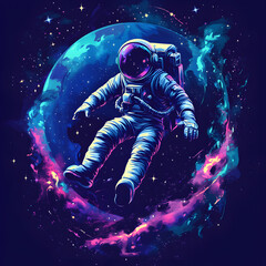 graphics of space, planets, and astronauts on a white background.