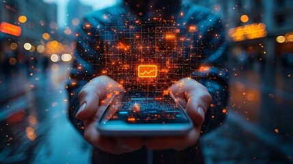 Augmented reality digital wallet floating above a man phone, with cryptocurrency and blockchain systems interacting.