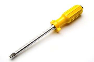 Yellow screwdriver isolated on a white background, repair, hand tool, hardware, isolated, construction, precision, utility, metal, workshop, macro, manual, engineering, yellow