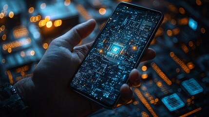 A man holding a phone displaying a virtual bank with advanced encryption and cybersecurity icons glowing in the background.