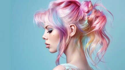 Fototapeta premium portrait of a woman with colorful hair on light color background
