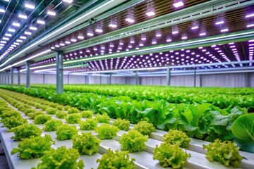 A high resolution stock photo featuring a hydroponic farm illuminated with energy efficient LED lighting showcasing vibrant green lettuce leaves growing under controlled conditions