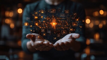 Fototapeta premium Digital assets and global currency symbols floating around a man holding a virtual banking interface.