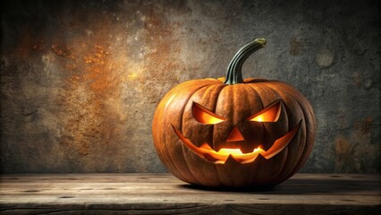 Carving a masterpiece on a textured backdrop, a spooky pumpkin glows with glowing eyes, a wicked witch's hat,
