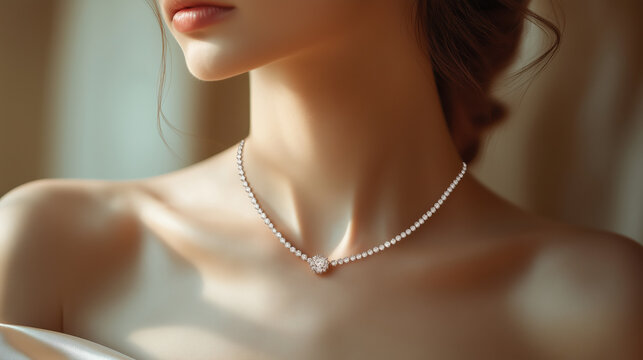 Elegant Woman Wearing Pearl Necklace, Soft Ambient Lighting, Beauty and Grace, Fashion Portrait