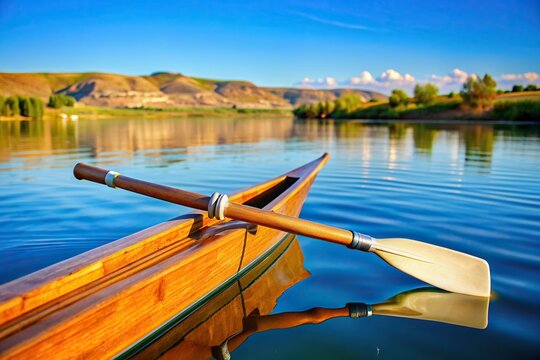 A close up shot of a hatchet and sculling oar resting on a rowing shell floating on the calm waters of Boyd Lake in Colorado on a sunny summer day, training, floating, wooden oar