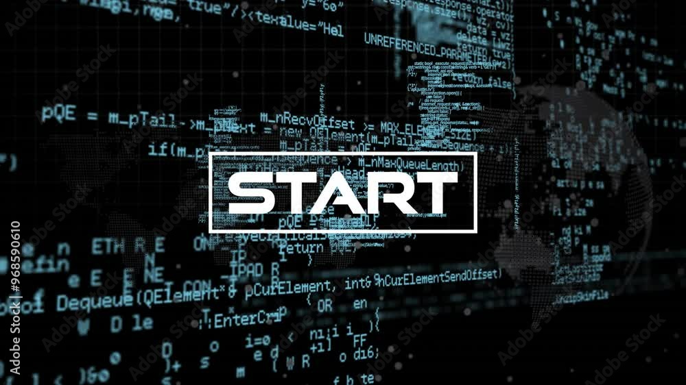 Poster animation of start text and data processing on black background