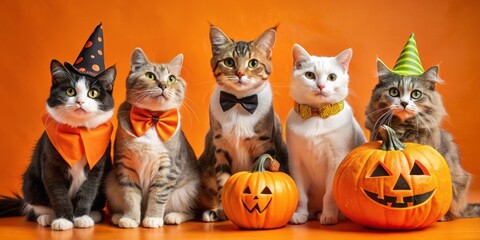 Cats don spooky attire, posing elegantly against vibrant orange backdrop, whiskers twitching, eyes gleaming with