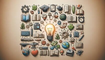 Education symbols on paper background representing learning concept.