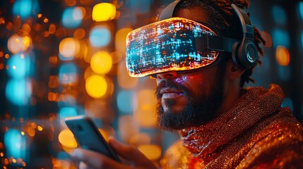 Virtual reality (VR) financial interface with a man using his phone to interact with decentralized banking systems.