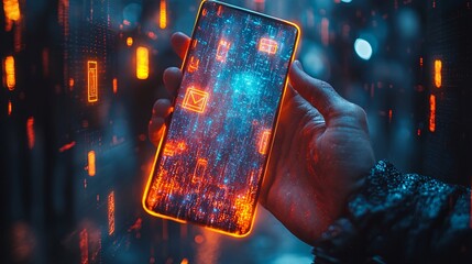 A man hand holding a phone displaying a virtual bank, with 3D security encryption layers glowing in the air.