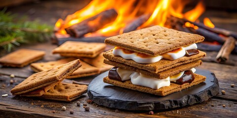 Classic campfire treat comprising crispy graham crackers, rich chocolate, and gooey marshmallows, a delightful